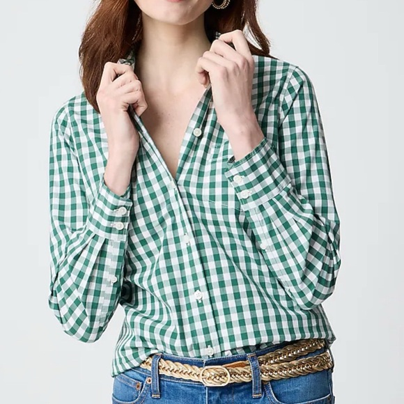 J. Crew Tops - J. Crew Factory Button Up Shirt Long Sleeves Lightweight Green Gingham XS